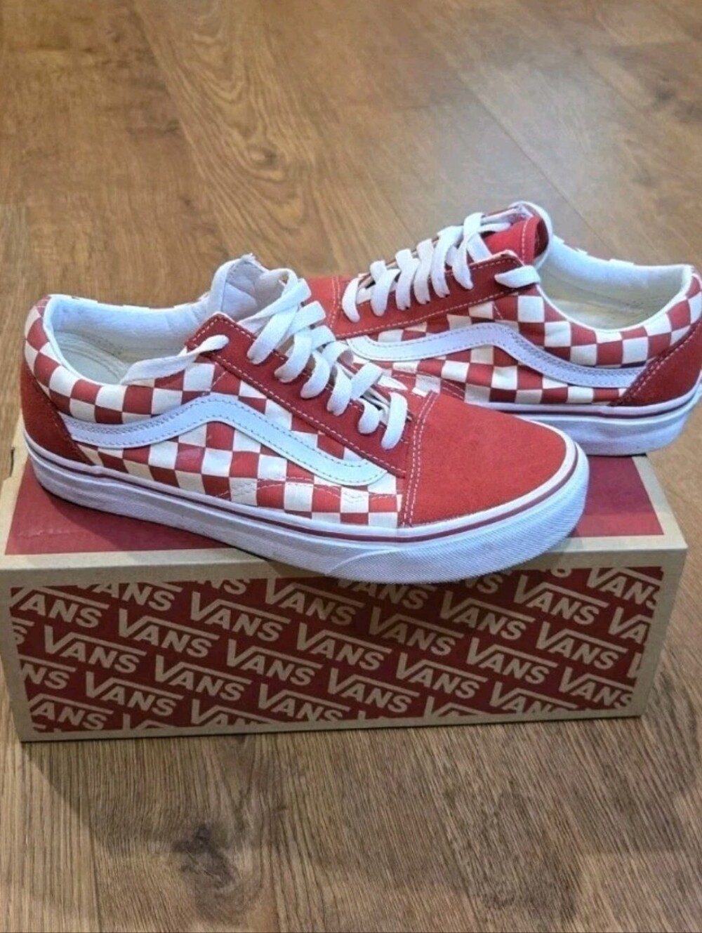 Vans Old Skool Checkerboard Sneakers - Red & White 7.5